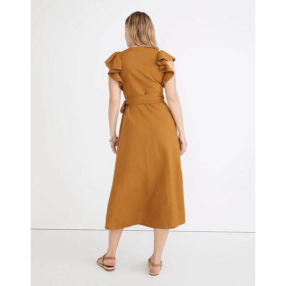 MADEWELL Linen-Blend Ruffle-Sleeve Wrap Midi Dress Mustard Yellow {RR35} - Picture 3 of 8